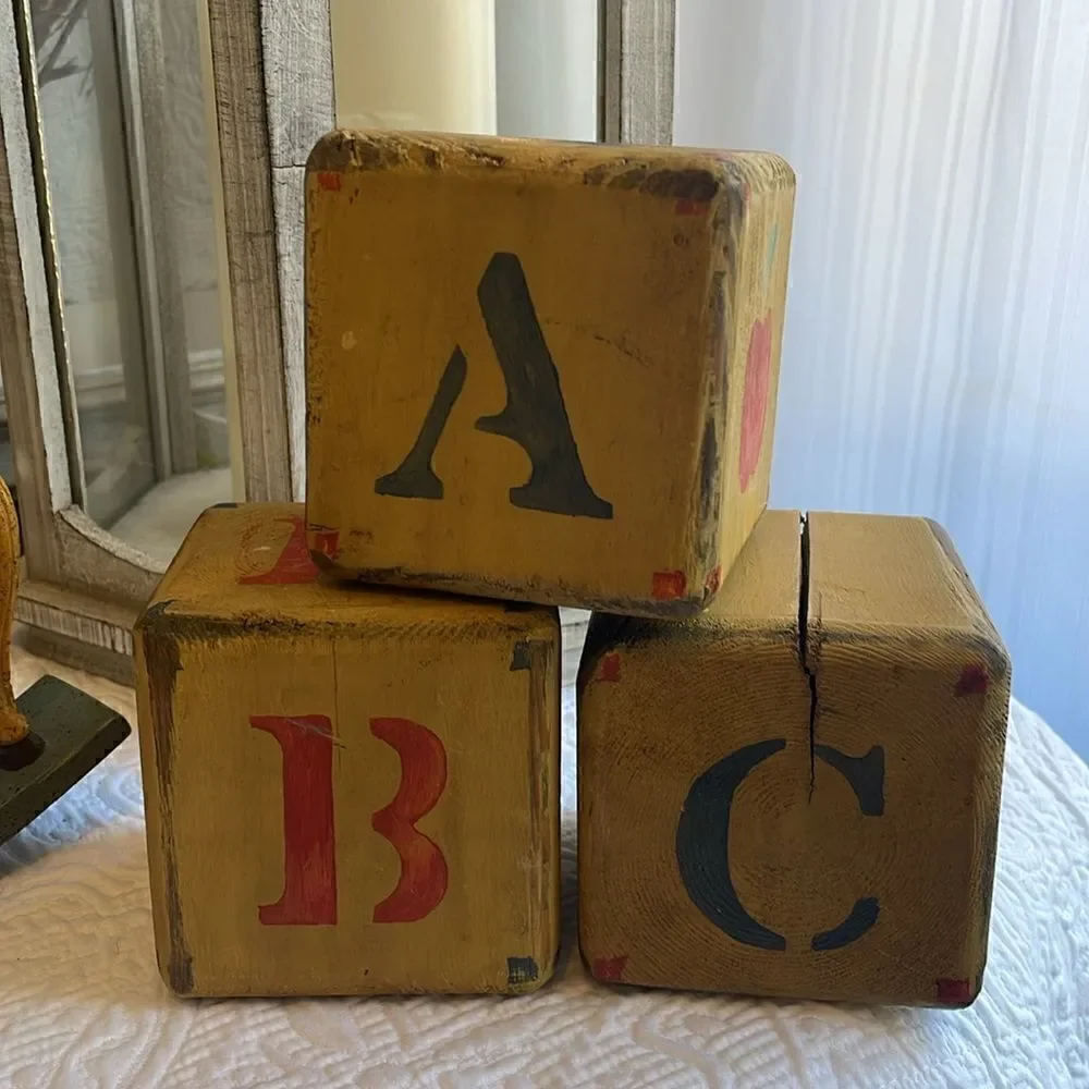 Set of 3 Large Vintage Folk Art Hand Made Wood Blocks